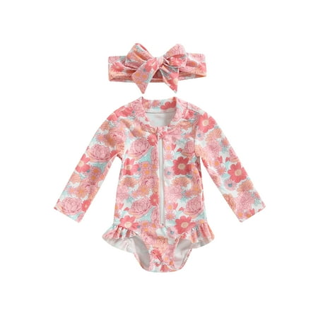 

Binpure Kids Girls Rash Guard Swimsuit Romper Flamingo/Flower Print Zipper Long Sleeve Sun Protection Bathing Suit with Headwear
