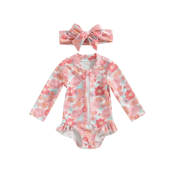 WIFORNT Kids Girls Rash Guard Swimsuit Romper Flamingo/Flower Print Zipper Long Sleeve Sun Protection Bathing Suit with Headwear