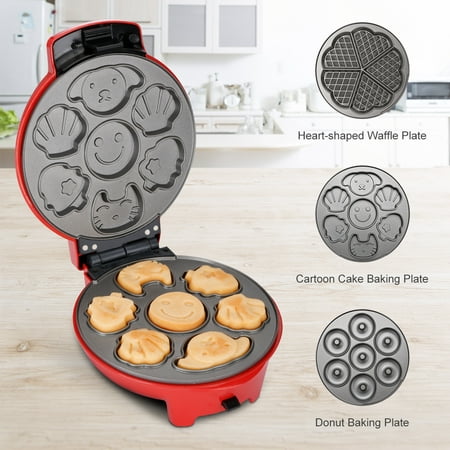 Finether Mini 3-in-1 Non-Stick Snack Maker, Aluminum Multi-Plate Waffle Iron for Donuts Heart-Shaped Waffles Cartoon Cakes, Adjustable Temperature, Easy to Clean, Cord Wrap & Cool Touch Handle,