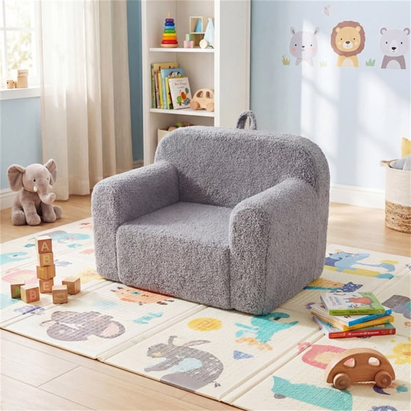 Kids Foam Sofa Chair with Teddy Fleece Fabric, Lightweight Portable Toddler Couch for Ages 3 (Gray)