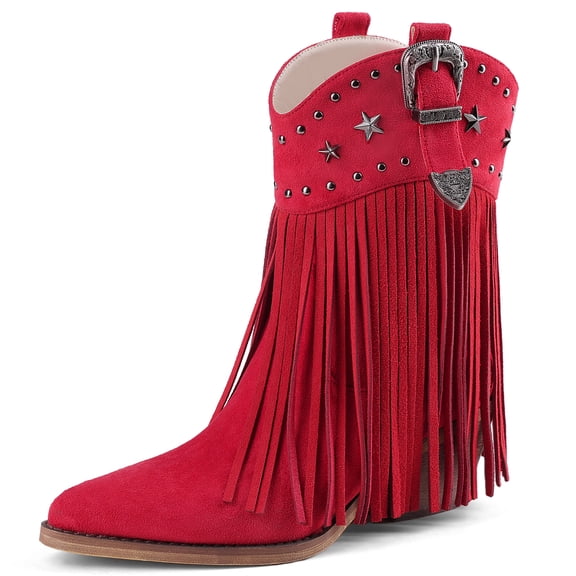 RONILURN Women Cowgirl Cowboy Boots, Western Ankle Fringe Boots Pointed Toe with Star Studs & Buckle, Retro Suede Short Pull Off Boots with Chunky Heel for Music Festivals & Concerts