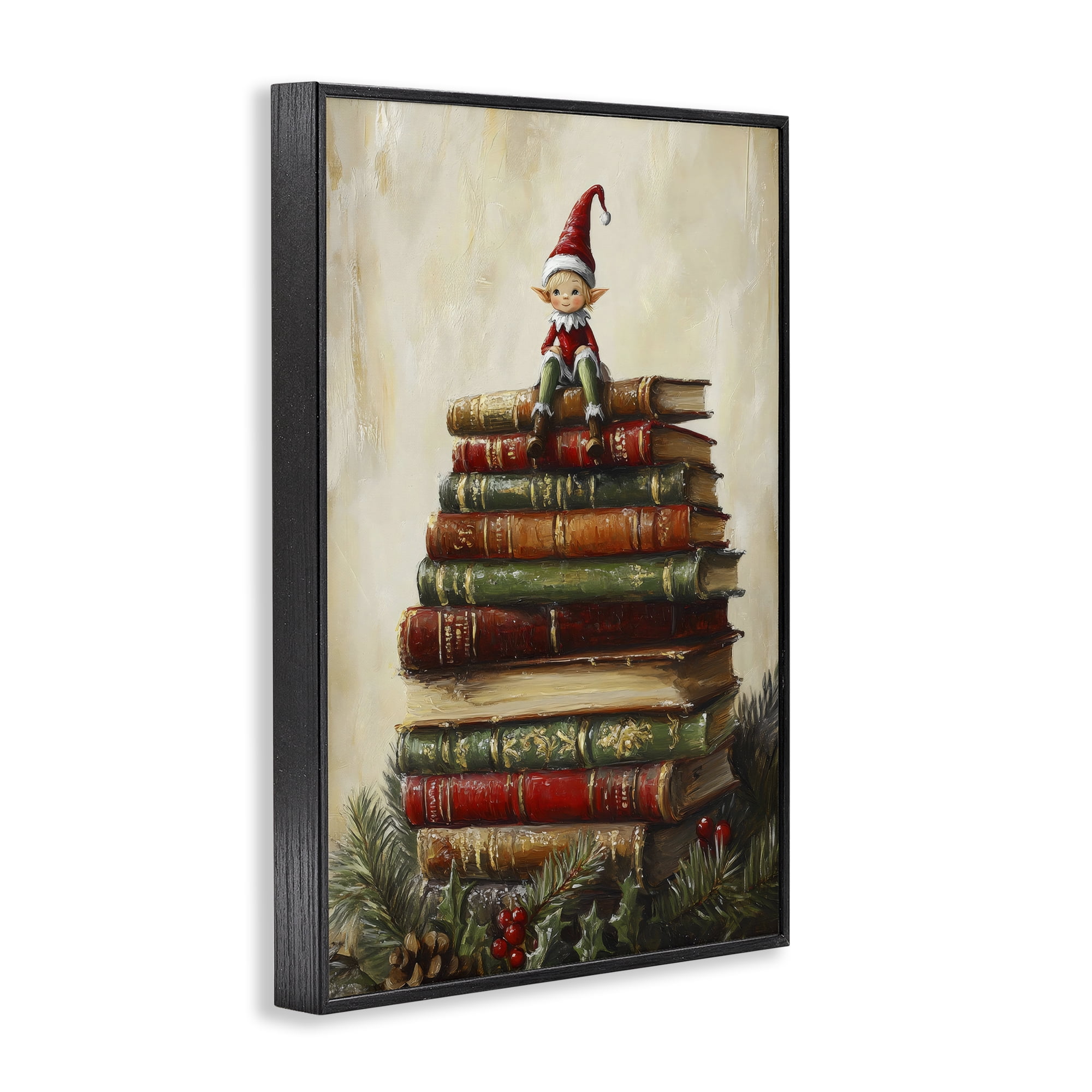 Christmas Elf Bookstack Black Framed Giclee Art, design by Petal Prints Design