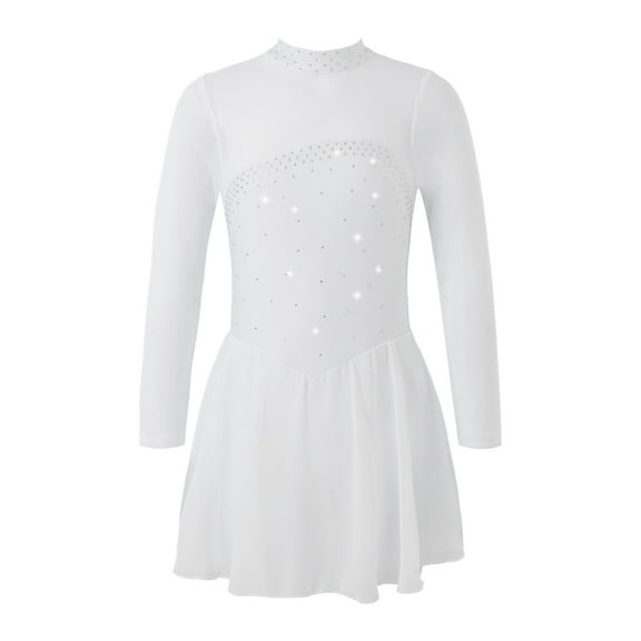 MSemis Girls Shiny Figure Ice Skating Dress Long Sleeve Tulle Mock Neck Ballet White 12