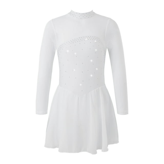 Linjinx Kids Girls Rhinestone Mesh Spliced Long Sleeve Ballet Dance Dress Leotard Figure Skating Competition Costume White 16