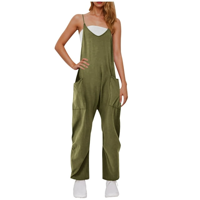 yoeyez Womens Rompers And Jumpsuits Plus Size,Women's Solid Color V Neck Sling Overalls Rompers Sleeveless Backless Wide Leg Trouser Overalls Jumpsuit With Pockets Army Green,L