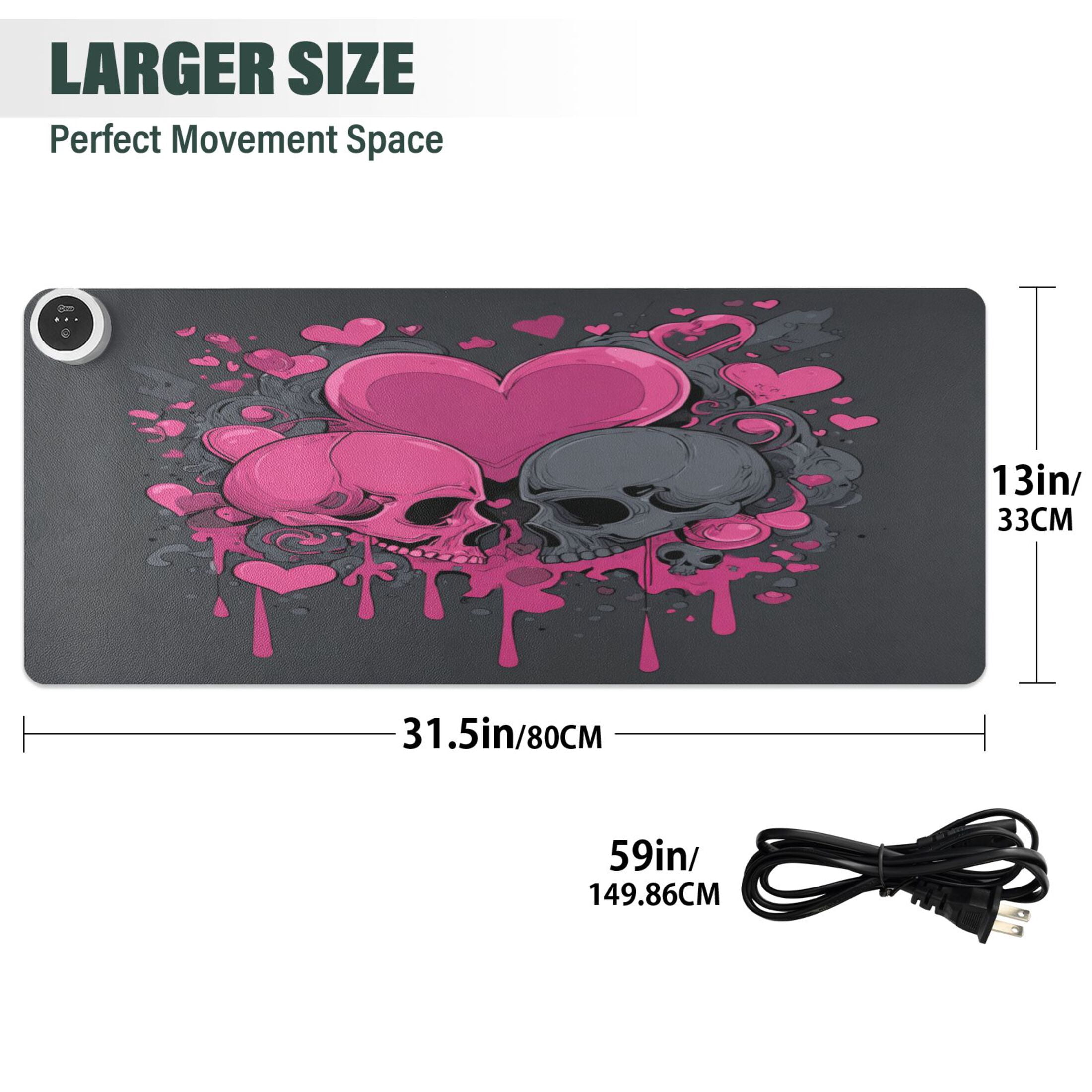 Large Heated Desk Mat Mouse Pad 31.5"x13"PU Leather Graphene Heating Desk Warmer with 3 Temperature Settings 110V US Plug Non-Slip Warm Pad for Home, Office, and Gaming Pink Hearts and Black Skulls