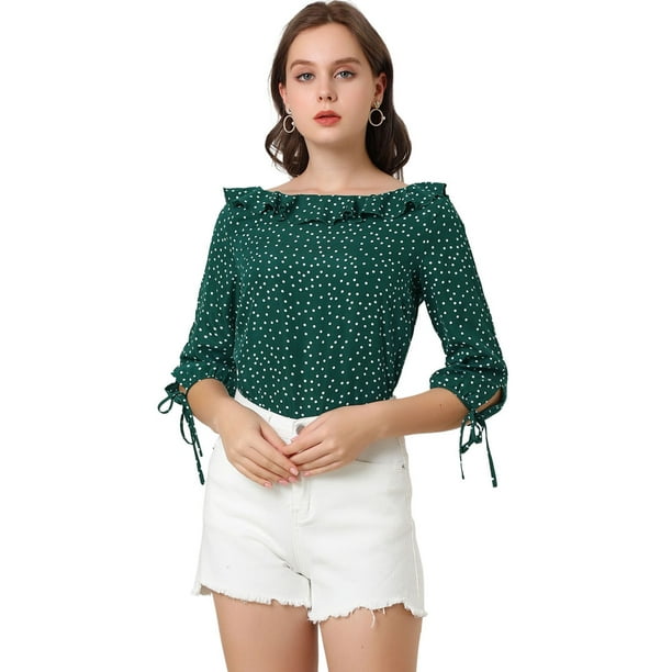 Blusa de lunares de verano Allegra K de media manga con cuello con volantes para mujer Verde XS