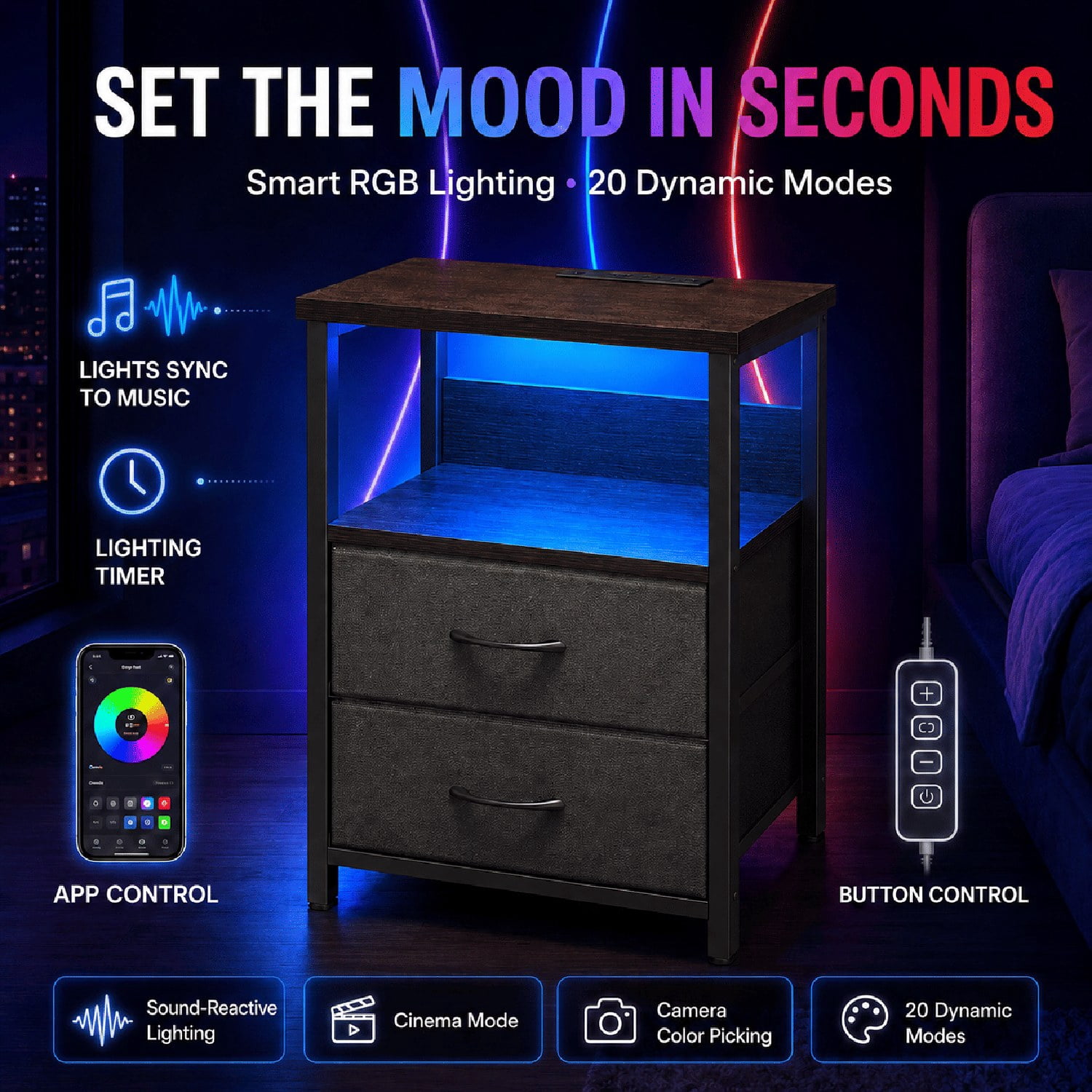 RGB LED Nightstand with Charging Station, 2 Fabric Drawers and Open Shelf, Particle Board and Steel Frame Bedside End Table for Bedroom
