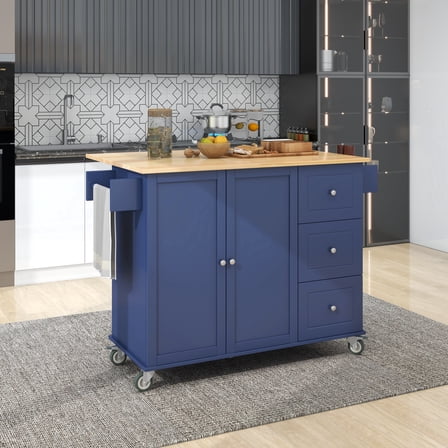 52.7" Dark Blue Rolling Kitchen Island with Solid Wood Top, Drop Leaf & Storage