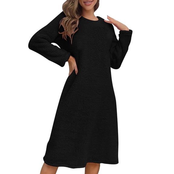 PRINxy Women's Long Sleeve Crew Neck Fleece Nightgown Mid Length Oversized Sleepwear Soft Indoor Dress Black S