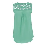 Summer Women Loose Lace Hollow Out Round Collar Sleeveless Chiffon Vest mint green 5XL