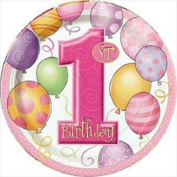 7" Pink Balloons 1st Birthday Paper Dessert Plates, 8ct