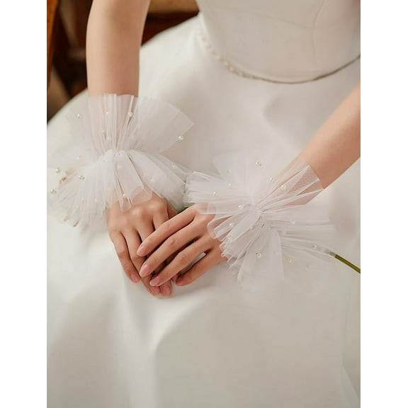 Dalrosia Short Lace Fingerless Gloves White Pearl Tulle Wedding Gloves for Women Hallowmas Party Costume Accessory