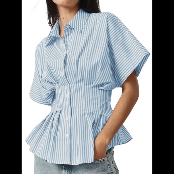 Camisas A Rayas con Botones para Mujer, Blusa Plisada de Corta con Corsé, Informal, de Verano. Rayas Azules M
