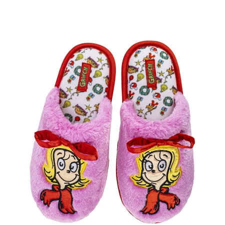 Dr. Seuss The Grinch Girls' Slide Slippers, Plush Lining, Fuzzy Pink, Size 7/8-2/3