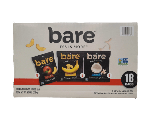 Bare Baked Crunchy Variety Pack 0.53oz 18 Count - Fuji & Reds Apple Chips, Simply Banana Chips, Toasted Coconut Chips