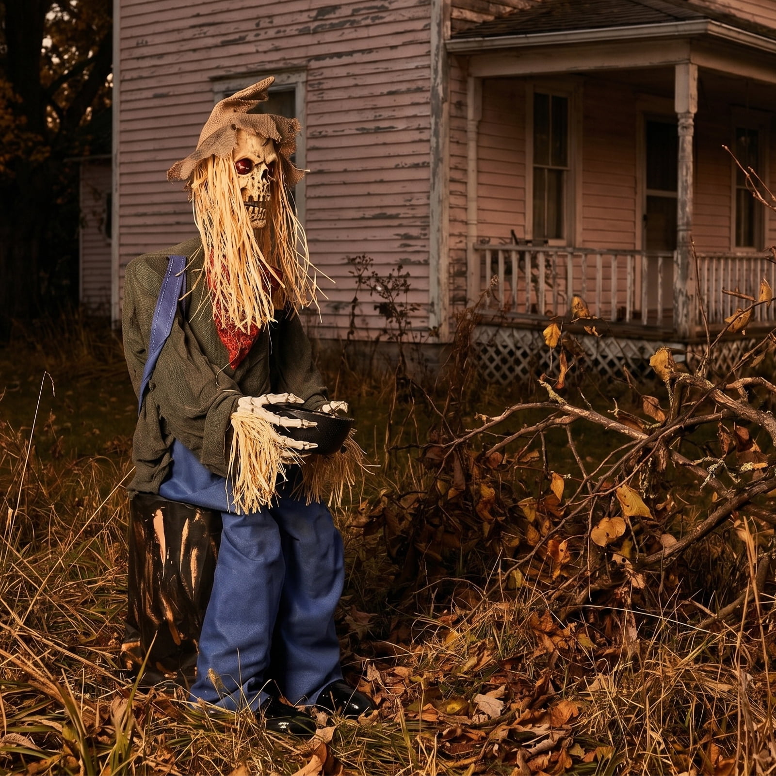 Astoutdoor 4.5 ft Halloween Sitting Scarecrow Decoration with Red Light-Up Eyes, Sound-Activated Head Movement, Male Voice, Detachable Bucket, Battery Operated