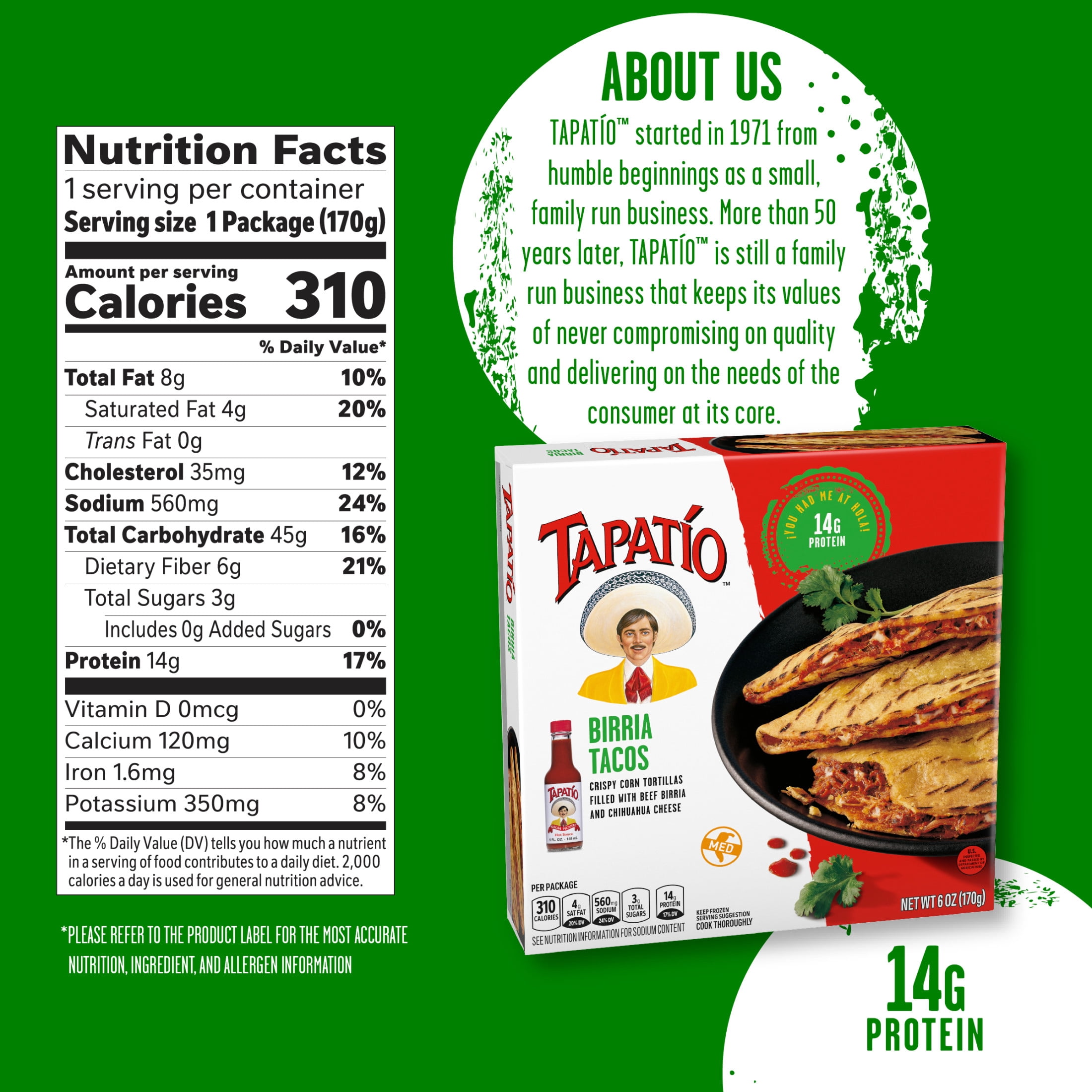 Tapatío Birria Tacos with Tapatio Hot Sauce, Beef Tacos, Frozen Mexican Food 6 oz