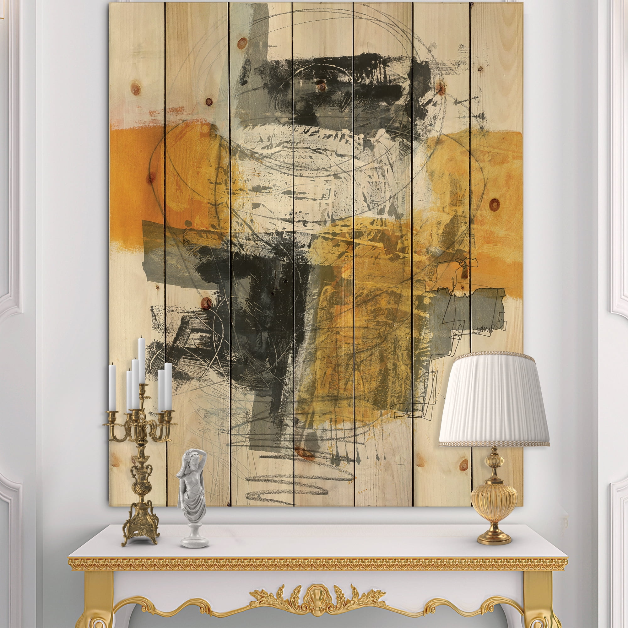Designart 'Abstract Composition of Glamorous Black and Yellow II' Contemporary Print on Natural Pine Wood