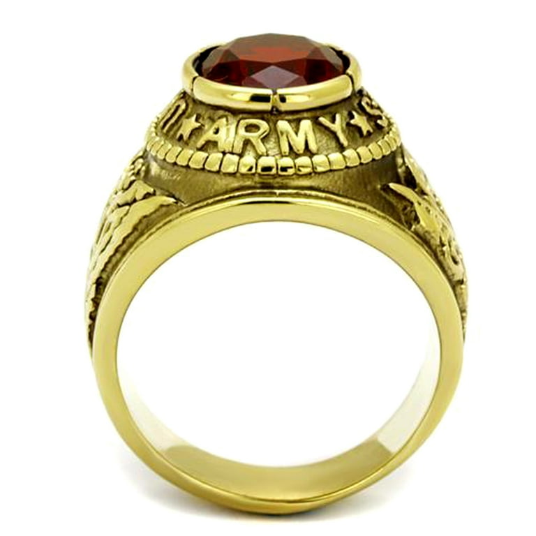 Stainless Steel US Army Military Ring Gold Plated with Red Stone