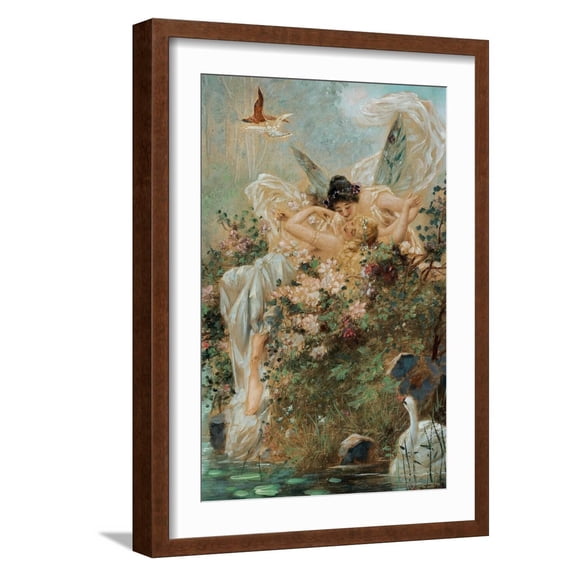 Art.com Two Fairies Embracing in a Landscape with a Swan Art Print by Hans Zatzka, Brown Frame Wall Art, 17" x 23"