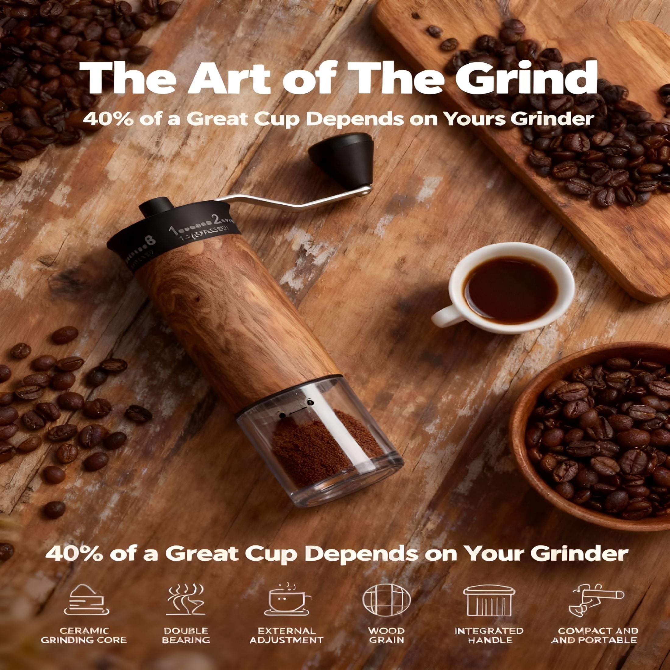 CURYMAY 2026 New Mini Manual Coffee Grinder - 56 External Grind Settings,Stainless Steel Body & Crank,Ceramic Burr,Portable Hand Grinder for Travel,Camping,Home Brewing - Wood Grain
