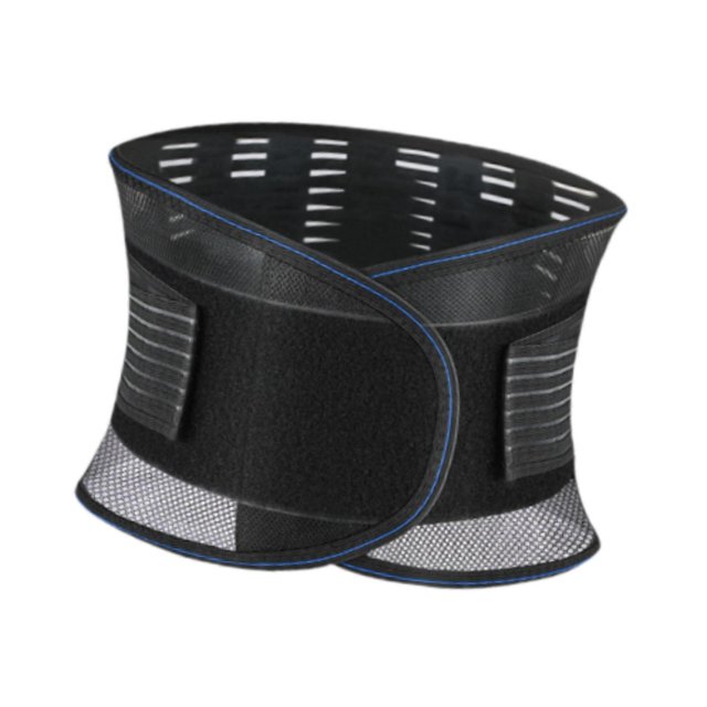 cinturón de soporte para la espalda salvador faja lumbar liviana 90 cm negro y gris con ribete azul, vista frontal centrada de la faja lumbar ajustable con cierre de velcro, banda elástica y paneles de malla perforada que muestran textura transpirable; longitud 90 cm, para cintura 65–75 cm, pensado para soporte en gimnasio, trabajo y tareas diarias, y a menudo usado como soporte lumbar portátil durante viajes de trabajo.