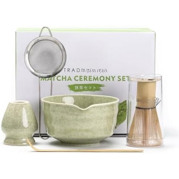 Matcha Set, Japanese Tea Set Includes Matcha Bowl with Spout, Matcha Whisk Holder, Bamboo Matcha Whisk and Bamboo Scoop, 17 oz Mottled Green Glaze Ceramic Matcha Kit for Tea Lovers