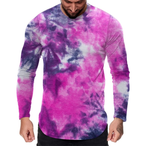 Krdevn Men's Casual Sports Fitness Outdoor Curved Hem Tie Dye Round Neck T Shirt Long Sleeve Top,M