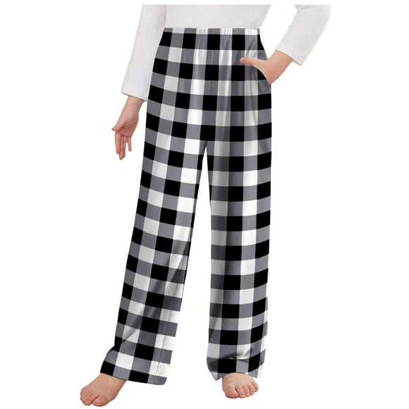 lcziwo Pantalon Taille Haute pour Filles Pantalon de Pyjama à Carreaux pour Filles Pantalon Long de Sommeil Bas de Pyjama Doux de Détente avec Poches pour 4-13 Ans Soldes Aujourd'hui Liquidation Noir, 9 Ans