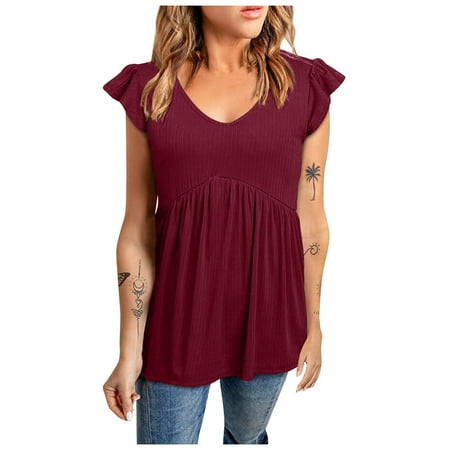 

Ruziyoog Women Tops Dressy Casual Fashion Women Summer Casual Ruffle O-Neck Short Sleeve Pullove Solid Blouse Wine XL