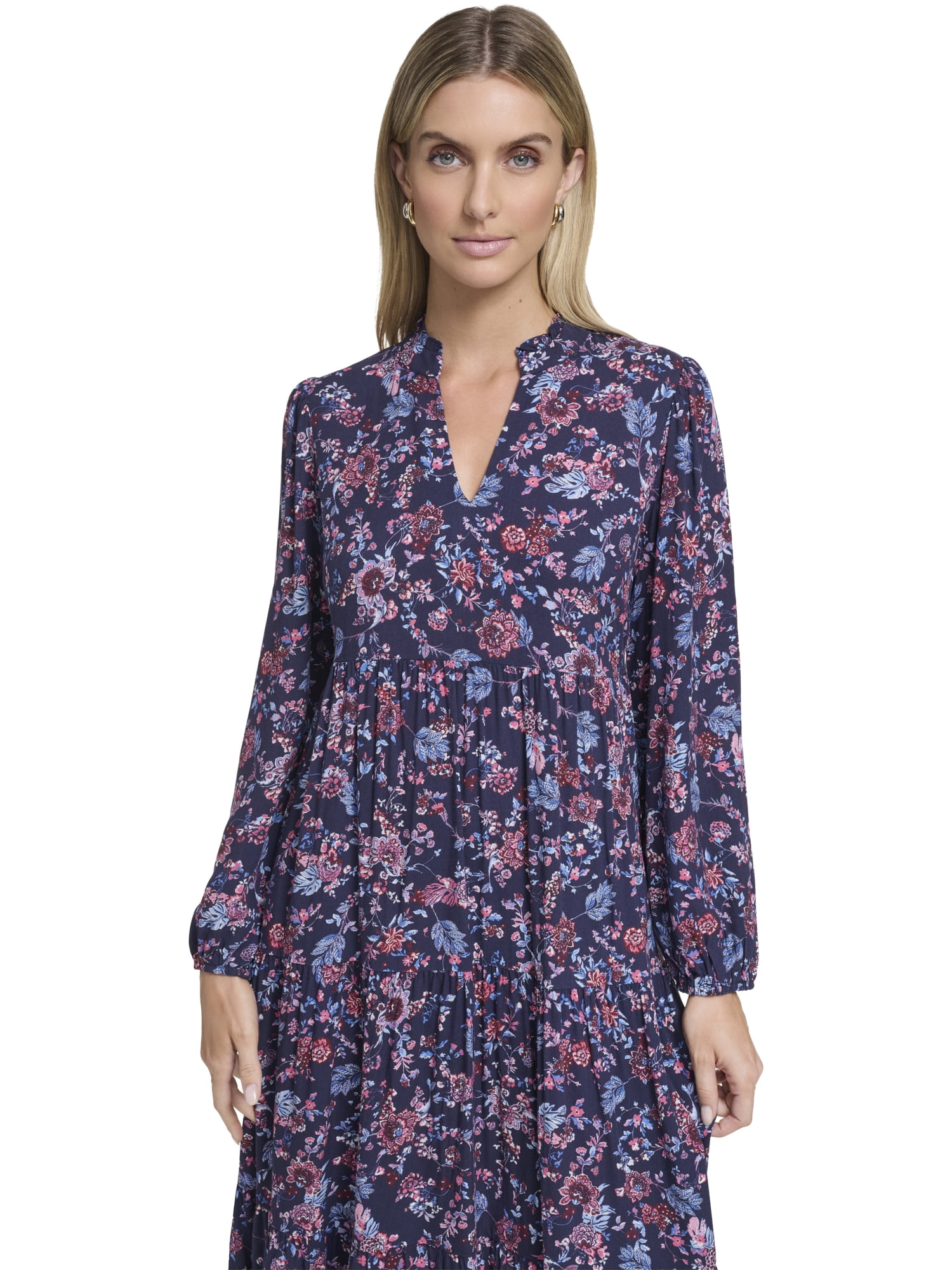 Falling Flowers Women's Notch Ruffle Collar Tiered Midi Dress, Sizes XS-XL