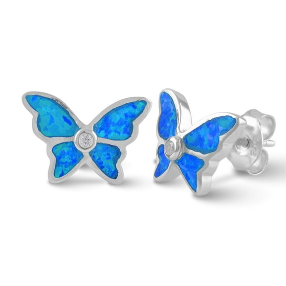 Sterling Silver Created Blue Opal Butterfly Stud Earrings