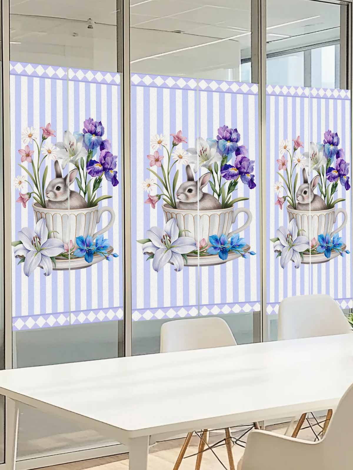 Cup Rabbit Window Privacy Film, Easter Watercolor Tea Cup Bunny Floral Purple Stripes Frosted Glass Window Clings Static Cling UV Heat Blocking Reusable Door Sticker for Bathroom 29.5 x 118 Inch