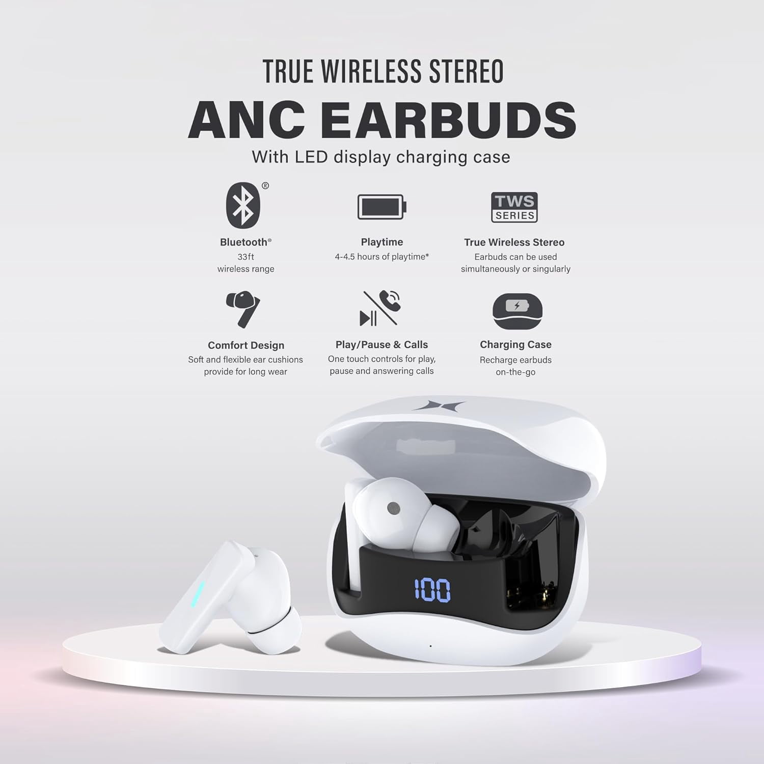 Xtreme Bluetooth Earbuds with True Wireless Stereo and Active Noise Cancelation, Charging Case with LED Display, up to 4 Hour Play Time, USB C Charging, Microphone, One Touch Controls (White)