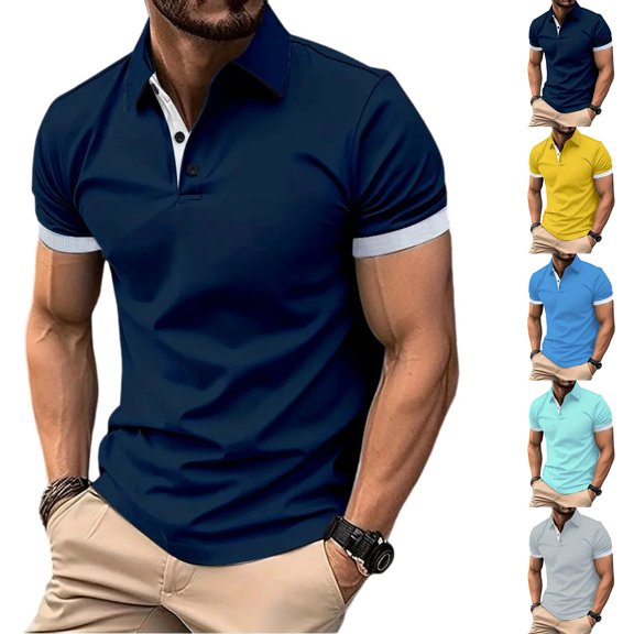 Qwertyu Men's Casual Polo Shirts Short Sleeve Button Classic T-Shirts Cotton Slim Fit Tees Lightweight Golf Tops Cyan M