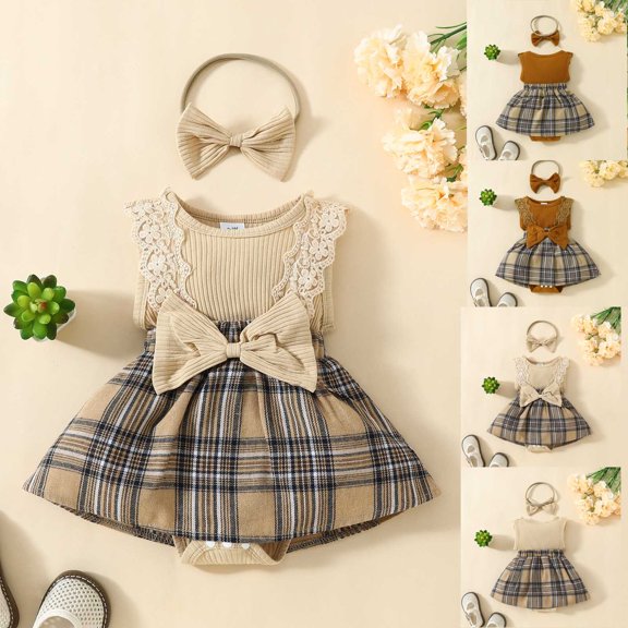 Avtoify Toddler Rompers, Infant Girls' Strip Cotton Open Top with Plaid Skirt Knot Hairband Piece Set