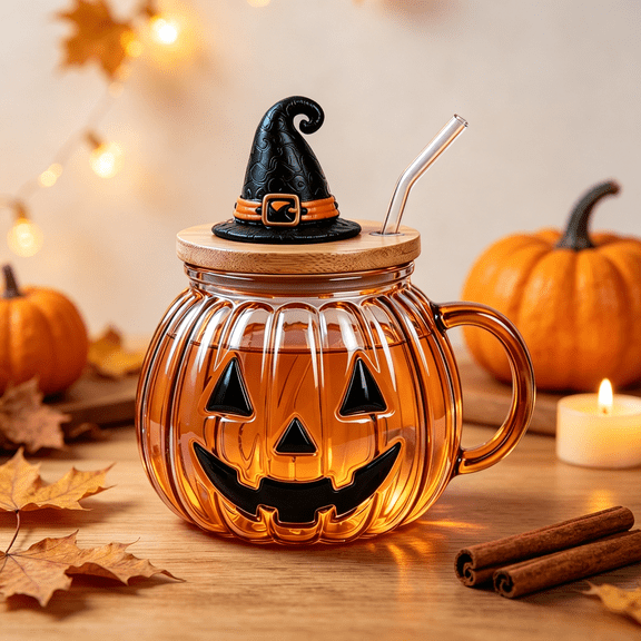Halloween Glass Cups with Lids and Straws, 12oz Pumpkin Shaped Coffee Glasses, Cute Tea Glasses, Fall Home Decor & Holiday Gift