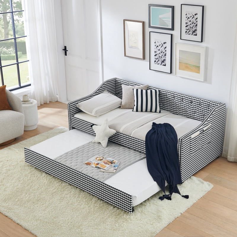 Twin Size Daybed with Pop Up Trundle, Gingham Upholstered Daybed Frame with Tufted Button Backrest and Side Storage Pocket, Modern Sofa Bed for Living Room Bedroom