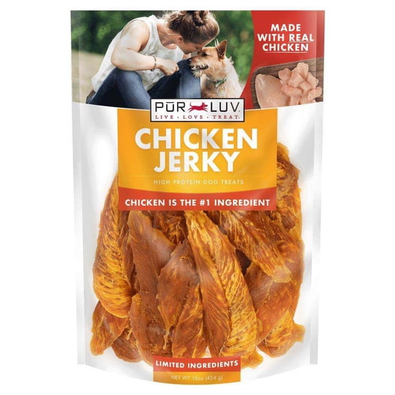 Pur Luv Chicken Jerky Dog Treats, Made with 100% Real Chicken Breast, 16 Ounces, Healthy, Easily Digestible, Long-Lasting, High Protein, Satisfies Dog's Urge to Chew