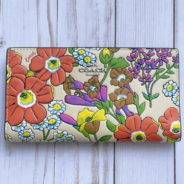 Coach Women s Slim Smooth Leather Zip Wallet with Floral Print Ivory Multi