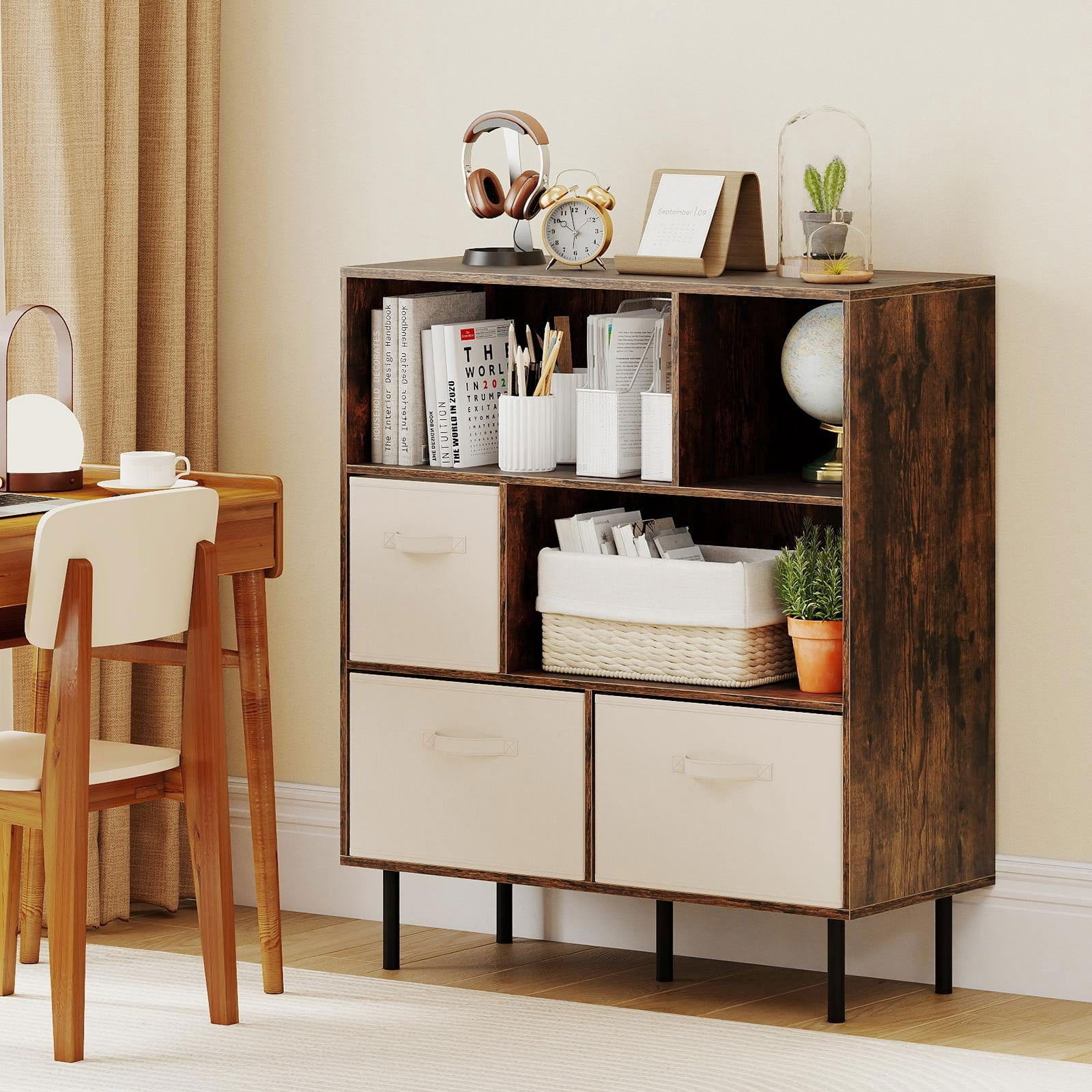 Resenkos 6-Cube Bookshelf with 3 Removable Folding Fabric Drawers, Versatile Storage Cabinet for Living Room, Bedroom, Rustic Brown