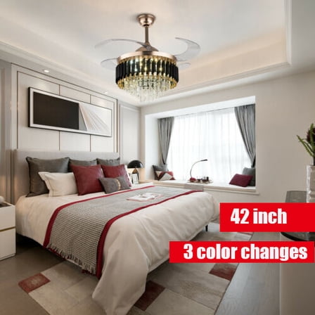 42" Modern Creative Design Chandelier Ceiling Fan with LED Lighting,Crystal Chandelier Fan Gold Retractable Ceiling Fan Light,3 Color Setting,6 Gear Speed,for Living Room Bedroom