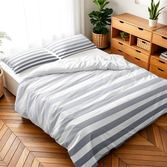 Queen Size 3 Pieces Duvet Cover Sets Abstract Ombre White Grey Stripe Bedding Set,Microfiber Soft Comforter Cover with Pillow Shams,Luxury Quilt Covers for Bedroom Decor Geometric