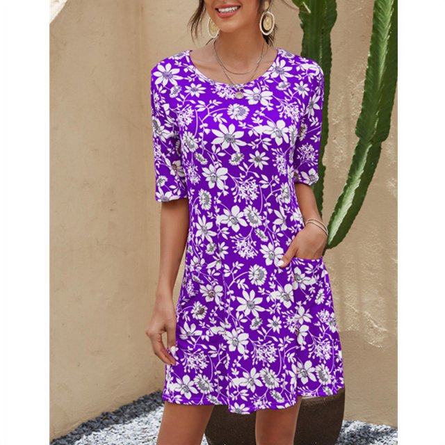 Nouvelle Robe de Poche à Manches Courtes Imprimée Florale pour Femmes une Robe de Ligne