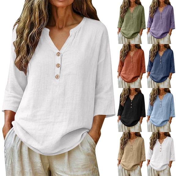 Womens Casual V Neck Blouse 3/4 Sleeves Summer Tops Loose Fit Linen Shirts Beach Vacation Clothes by Gbobgt Black L