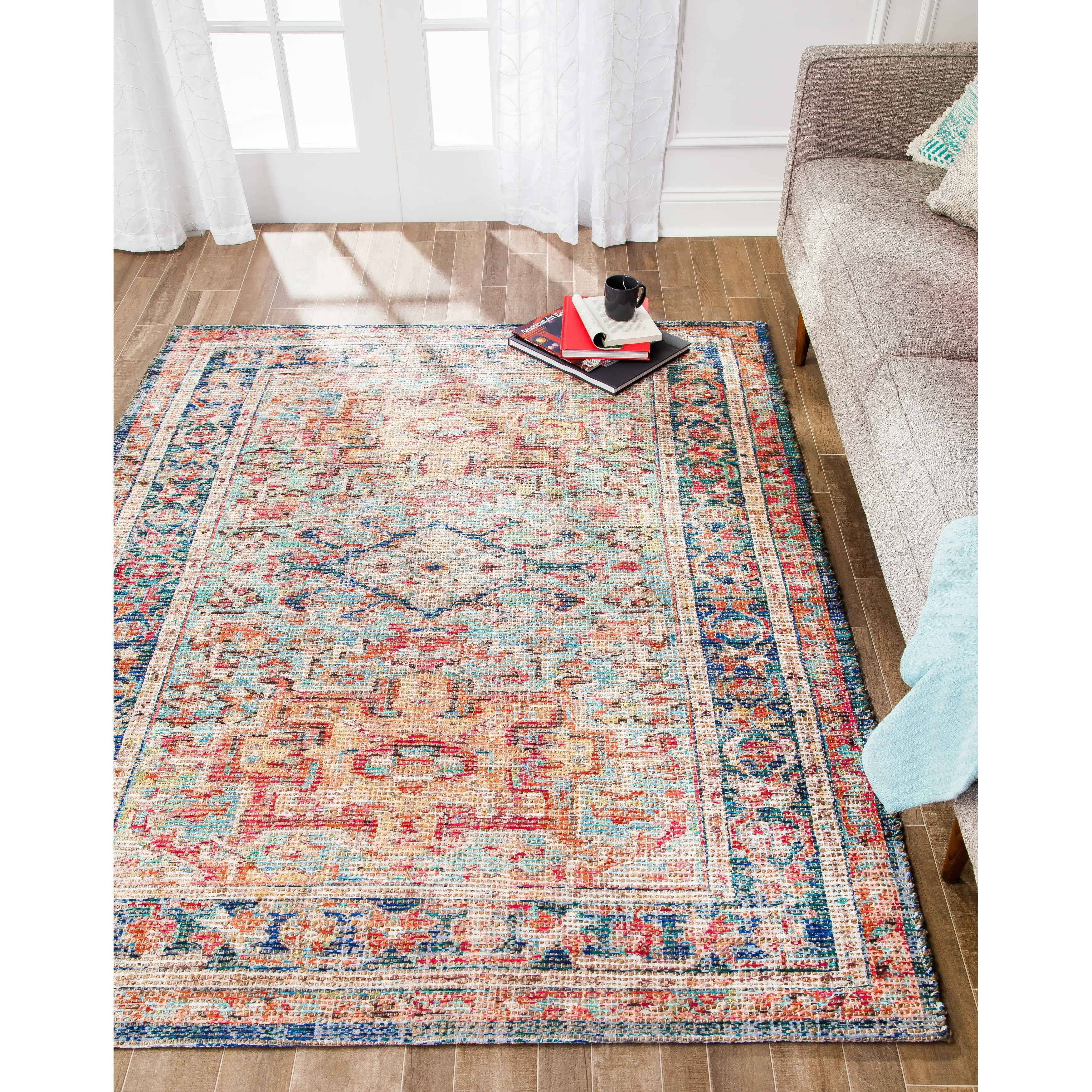Jani  Calo Distressed Red Jute-blend Rug 6' Round Oriental, Medallion, Geometric 6' Square Entryway, Living Room, Dining Room Round Braided