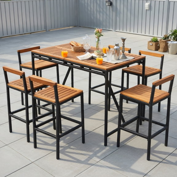 Topcobe 7 Pieces Acacia Wood Patio Rattan Bar Set with Umbrella Hole, Outdoor Patio Furniture for Balcony Garden Backyard