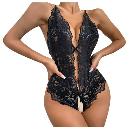 

BIZIZA Womens Babydoll Teddy Deep V Neck Solid Color Bodysuit Plus Size Criss Cross Lace Sexy Lingerie Black XXXL