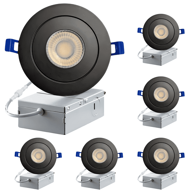 LED 4-Inch Black Gimbal Recessed Slim LED Pot Lights with Junction Box - Dimmable 7W 560LM, 5000K Cool White, 6-PACK